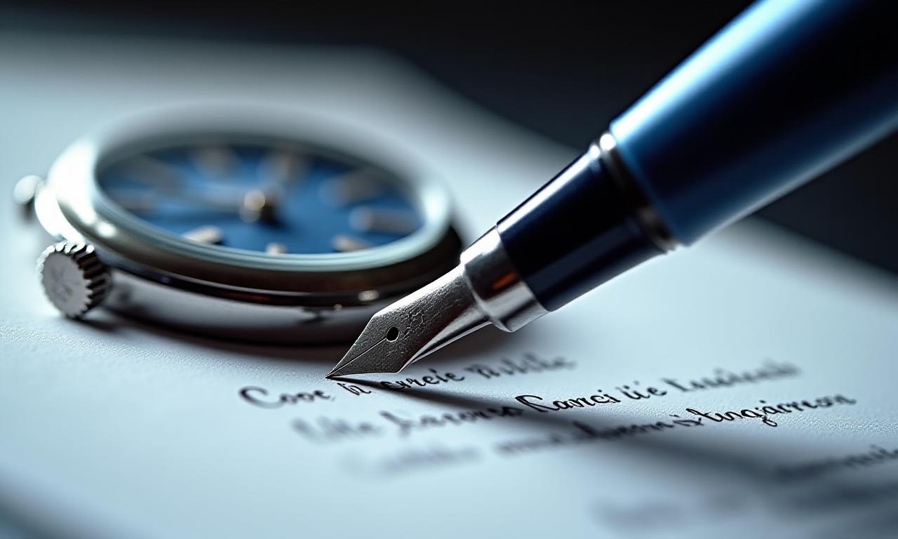 Orologio di lusso e penna stilografica su documenti legali